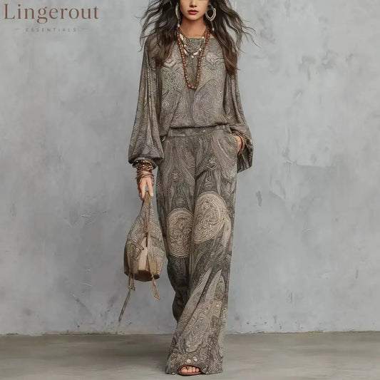 Vintage Paisley Print Long Sleeve Blouse & High Waist Wide Leg Pants 2 Piece Boho Co-Ord Set - Print color / XS