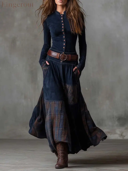 Vintage Patchwork Suede Maxi Dress With Plaid Panels - navy / XS