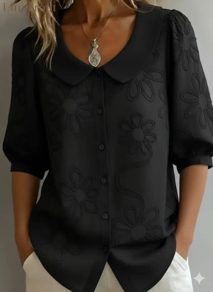 Vintage Peter Pan Collar Embroidered Floral Shirt - Black / S