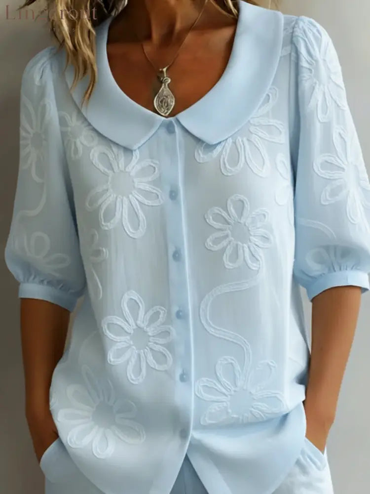 Vintage Peter Pan Collar Embroidered Floral Shirt - Blue / S