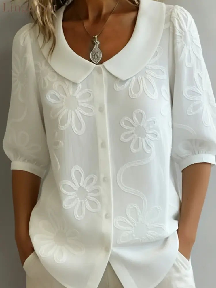 Vintage Peter Pan Collar Embroidered Floral Shirt - White / S