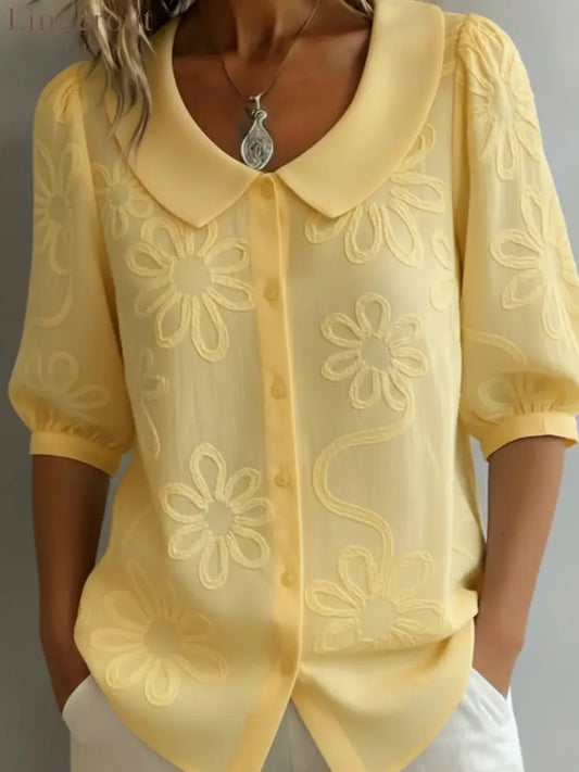 Vintage Peter Pan Collar Embroidered Floral Shirt - Yellow / S