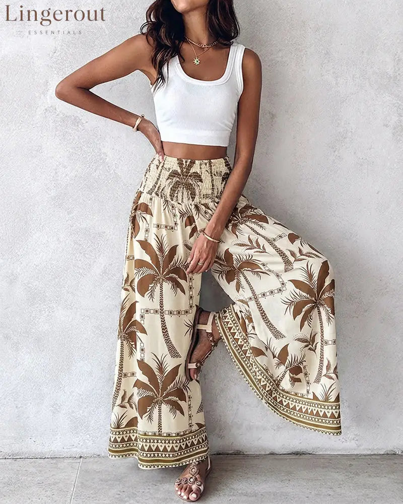 Vintage Plants Print High Waist Shirred Elastic Waist Wide Leg Pants