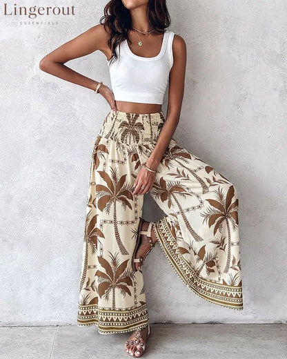 Vintage Plants Print High Waist Shirred Elastic Waist Wide Leg Pants