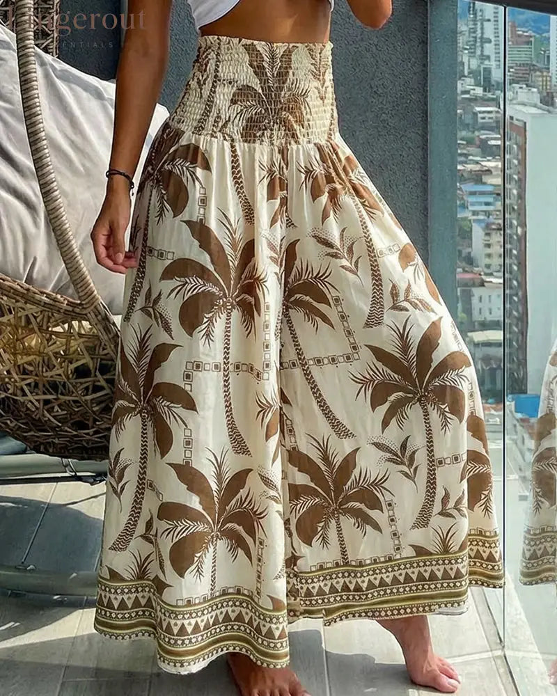 Vintage Plants Print High Waist Shirred Elastic Waist Wide Leg Pants