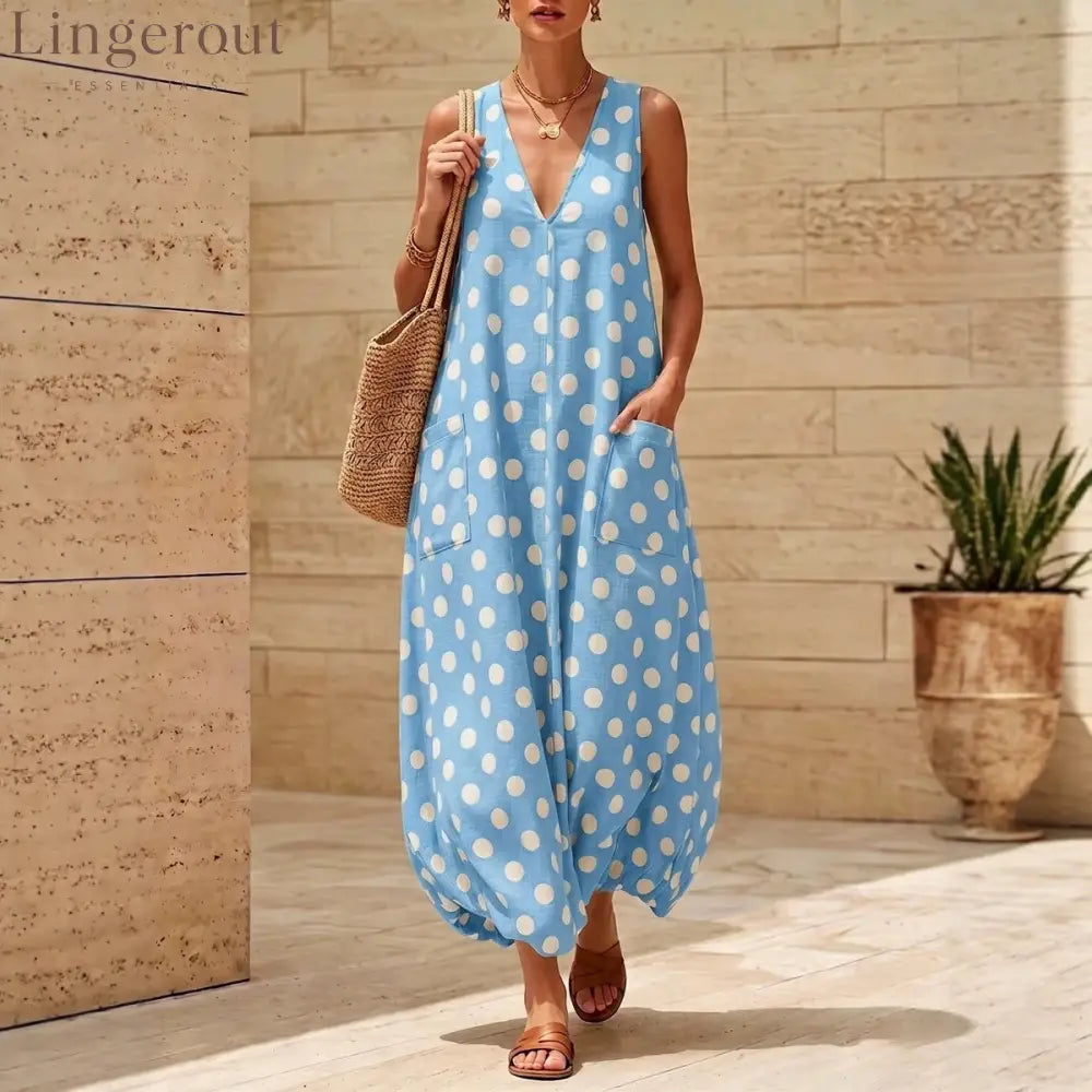 Vintage Polka Dot Sleeveless V-Neck Midi Dress with Side Pockets