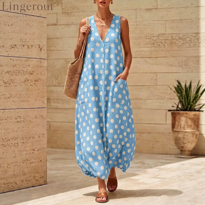Vintage Polka Dot Sleeveless V-Neck Midi Dress with Side Pockets