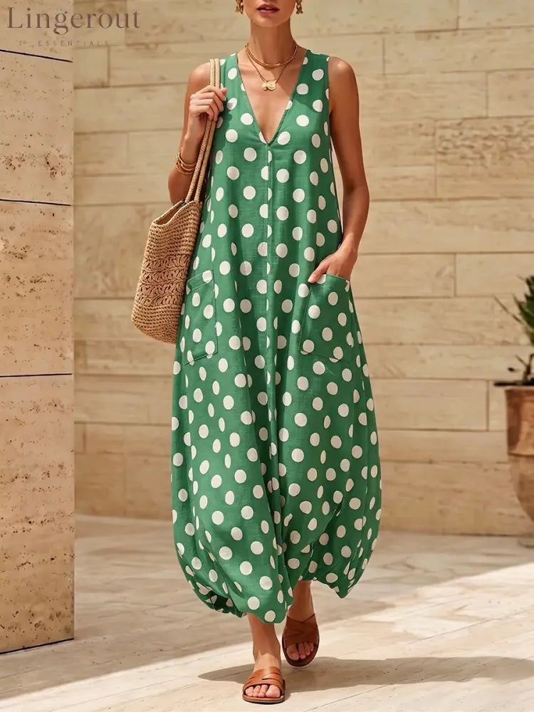 Vintage Polka Dot Sleeveless V-Neck Midi Dress with Side Pockets - Army green / S