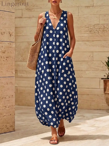 Vintage Polka Dot Sleeveless V-Neck Midi Dress with Side Pockets - Navy blue / S