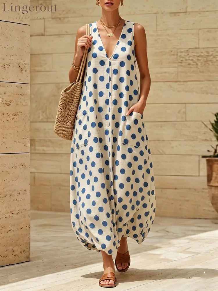 Vintage Polka Dot Sleeveless V-Neck Midi Dress with Side Pockets - White / S
