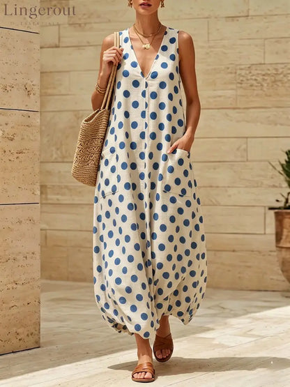 Vintage Polka Dot Sleeveless V-Neck Midi Dress with Side Pockets - White / S