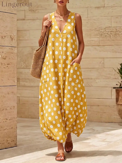 Vintage Polka Dot Sleeveless V-Neck Midi Dress with Side Pockets - Yellow / S
