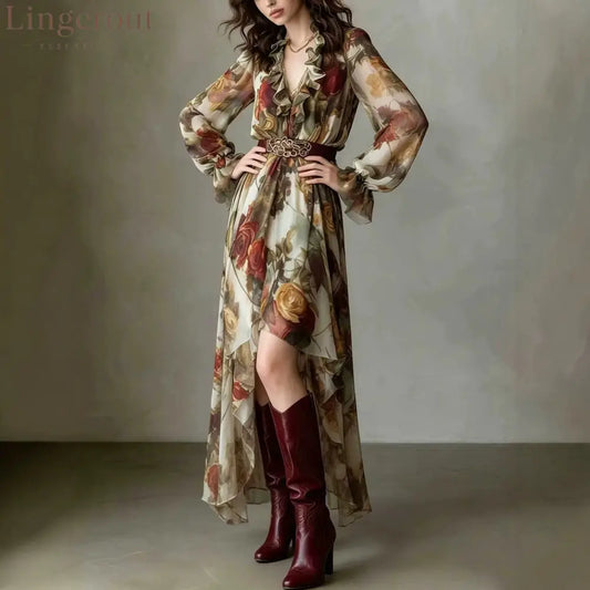 Vintage Rose Print Chiffon Maxi Dress Women Ruffle V‑Neck Long Sleeve Irregular Hem Dress