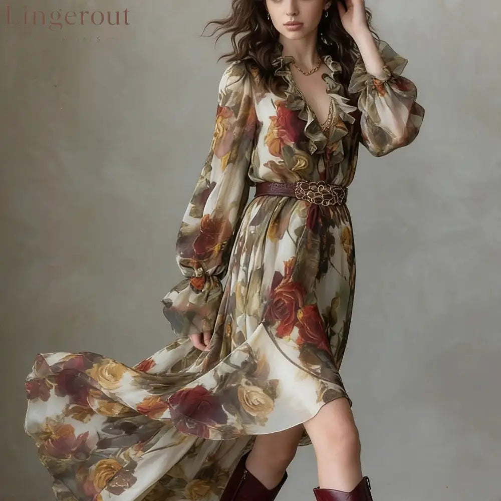 Vintage Rose Print Chiffon Maxi Dress Women Ruffle V‑Neck Long Sleeve Irregular Hem Dress