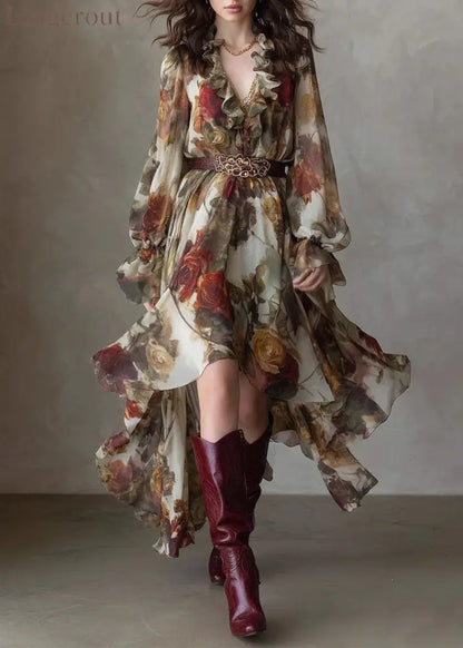 Vintage Rose Print Chiffon Maxi Dress Women Ruffle V‑Neck Long Sleeve Irregular Hem Dress - Rose‑print / S