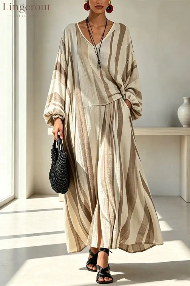 Vintage Striped Batwing Sleeve Long Set - Apricot / S - Sets