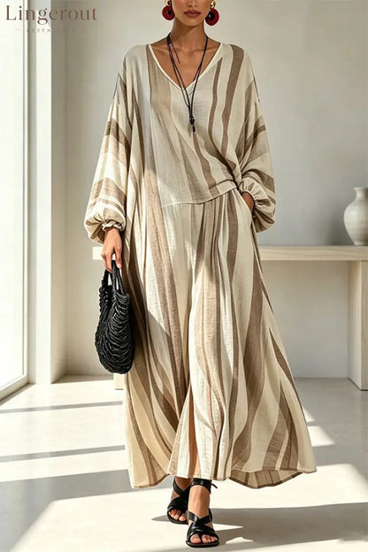 Vintage Striped Batwing Sleeve Long Set - Apricot / S - Sets