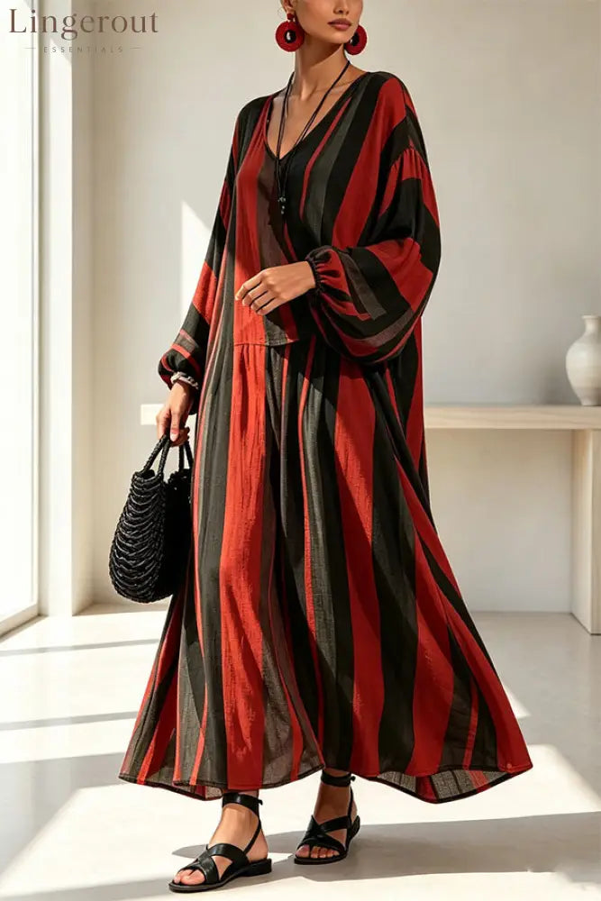 Vintage Striped Batwing Sleeve Long Set - Red / S - Sets