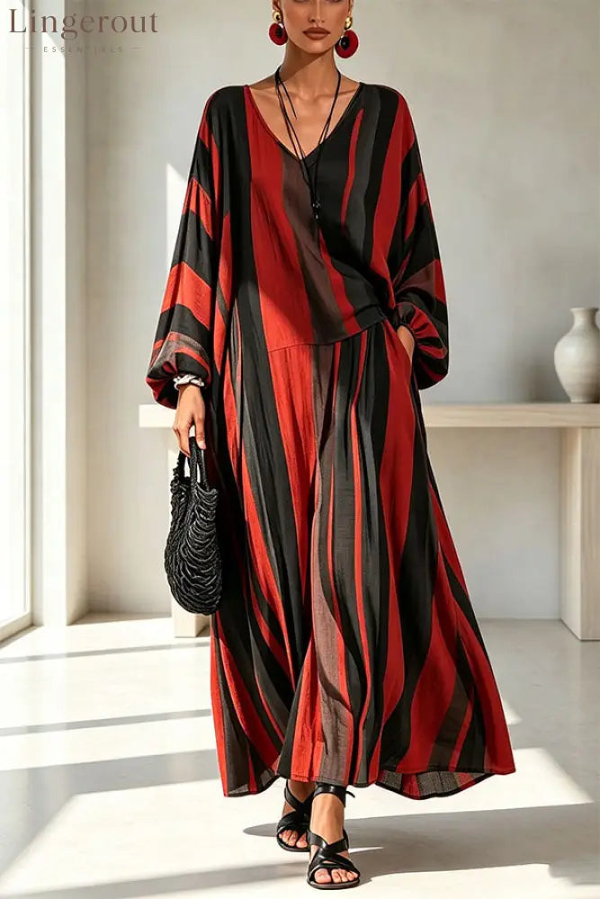 Vintage Striped Batwing Sleeve Long Set - Sets