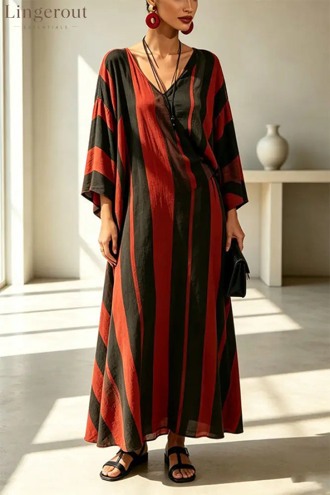 Vintage Striped Batwing Sleeve Long Set - Sets