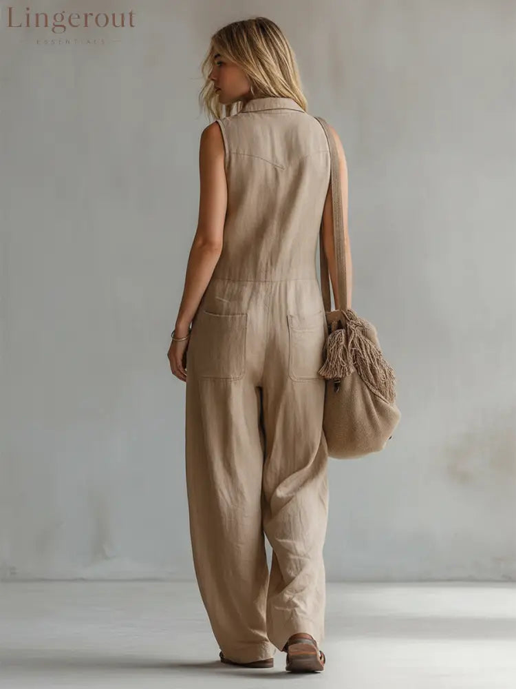 Vintage-style Casual Khaki Cotton Utility-style Sleeveless Jumpsuit