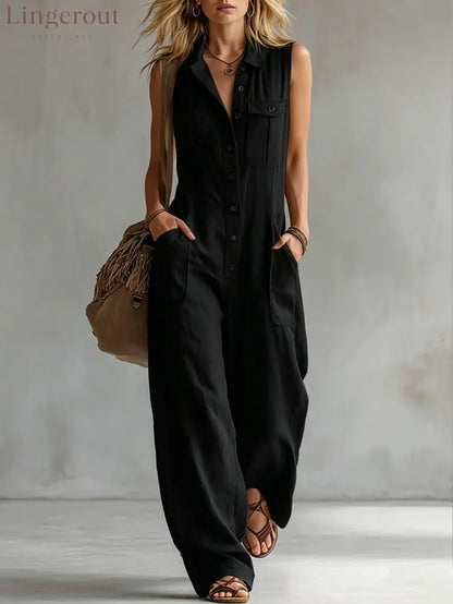 Vintage-style Casual Khaki Cotton Utility-style Sleeveless Jumpsuit - Black / S