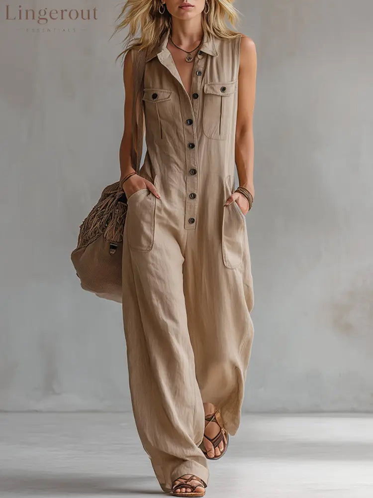 Vintage-style Casual Khaki Cotton Utility-style Sleeveless Jumpsuit