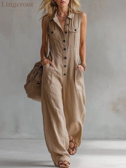 Vintage-style Casual Khaki Cotton Utility-style Sleeveless Jumpsuit