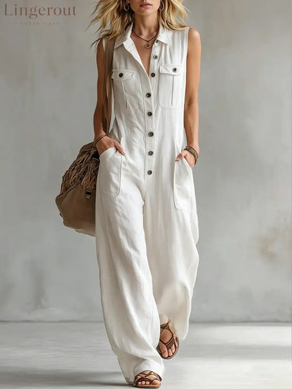 Vintage-style Casual Khaki Cotton Utility-style Sleeveless Jumpsuit - White / S