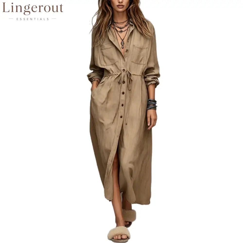 Vintage-style Long Sleeves Denim Shirt Midi Dress