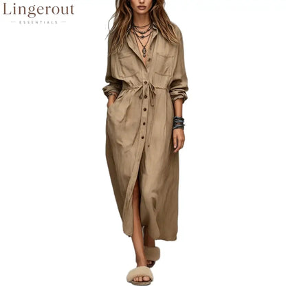 Vintage-style Long Sleeves Denim Shirt Midi Dress