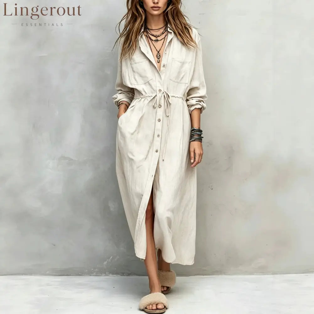Vintage-style Long Sleeves Denim Shirt Midi Dress