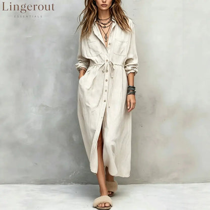 Vintage-style Long Sleeves Denim Shirt Midi Dress
