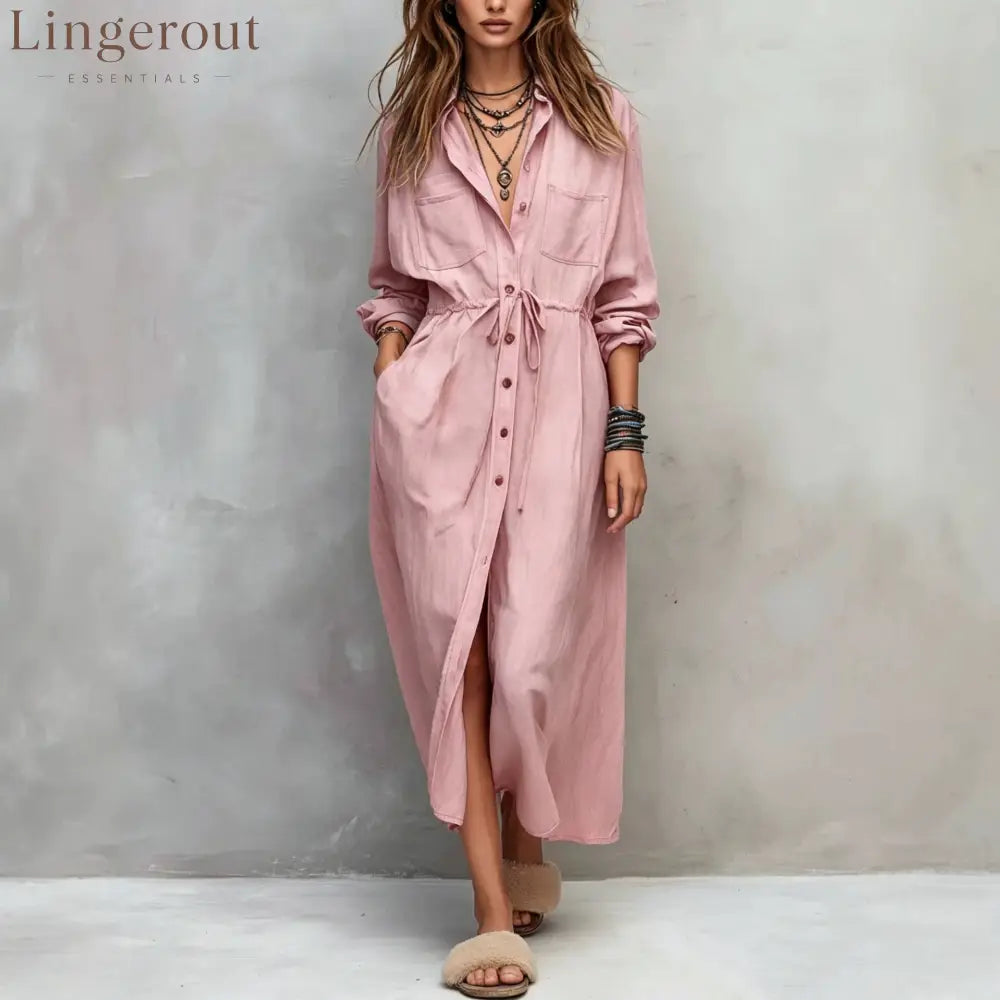 Vintage-style Long Sleeves Denim Shirt Midi Dress