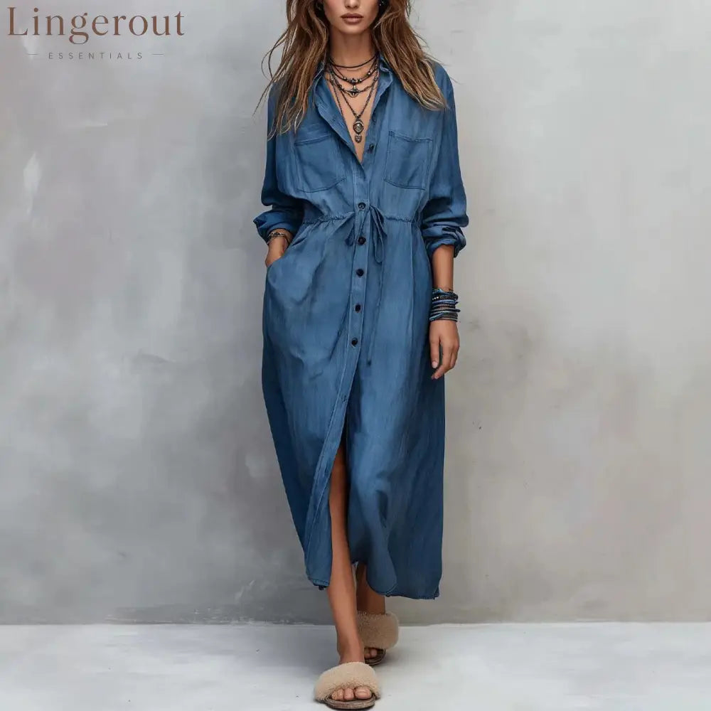 Vintage-style Long Sleeves Denim Shirt Midi Dress