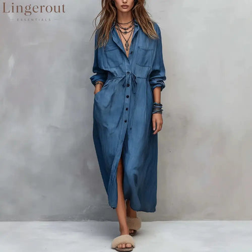 Vintage-style Long Sleeves Denim Shirt Midi Dress