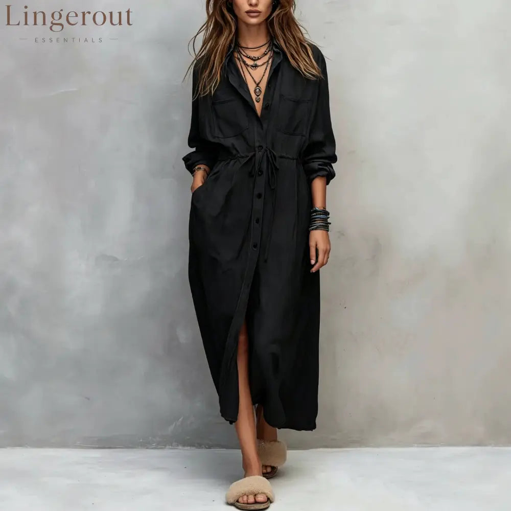 Vintage-style Long Sleeves Denim Shirt Midi Dress