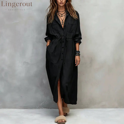 Vintage-style Long Sleeves Denim Shirt Midi Dress