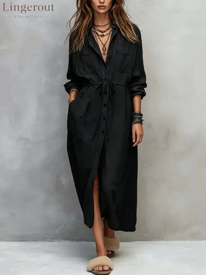 Vintage-style Long Sleeves Denim Shirt Midi Dress - Black / XS
