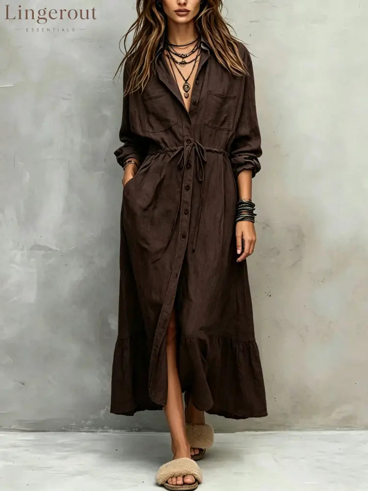 Vintage-style Long Sleeves Denim Shirt Midi Dress - Dark brown / XS