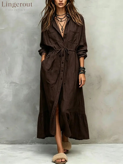 Vintage-style Long Sleeves Denim Shirt Midi Dress - Dark brown / XS