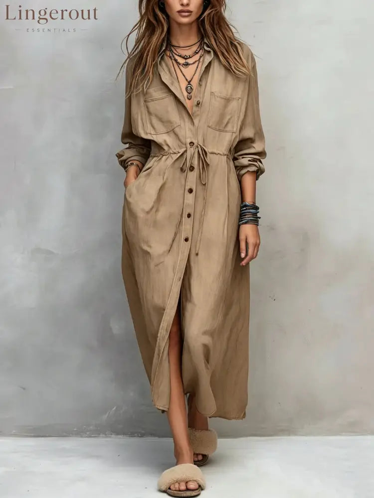 Vintage-style Long Sleeves Denim Shirt Midi Dress - Khaki / XS