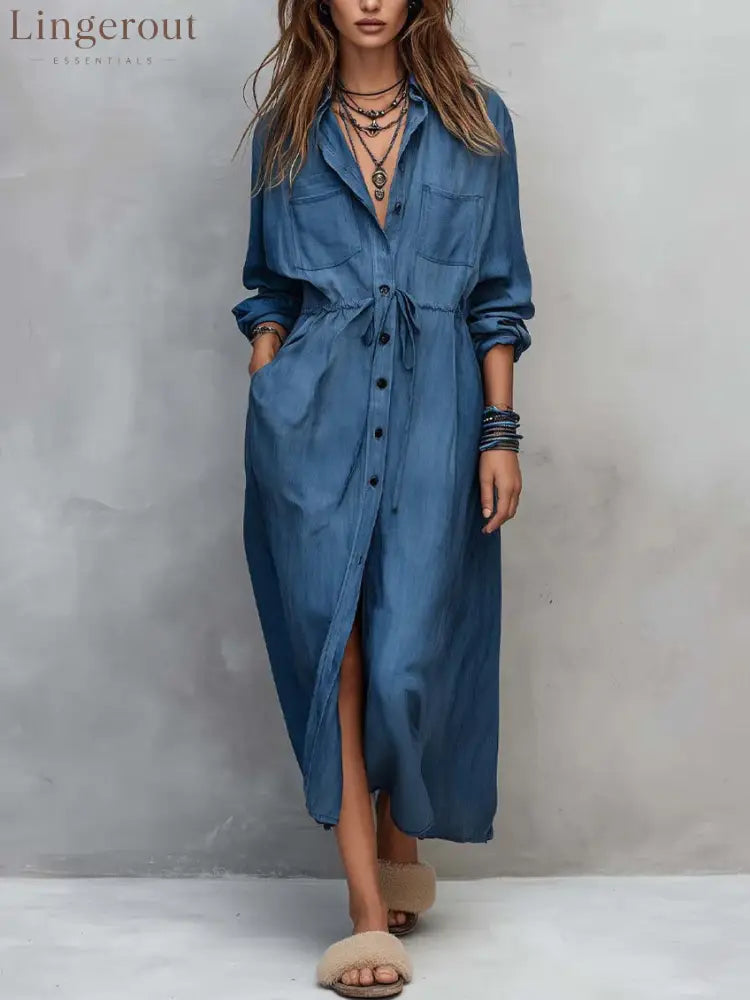 Vintage-style Long Sleeves Denim Shirt Midi Dress - Navy / XS
