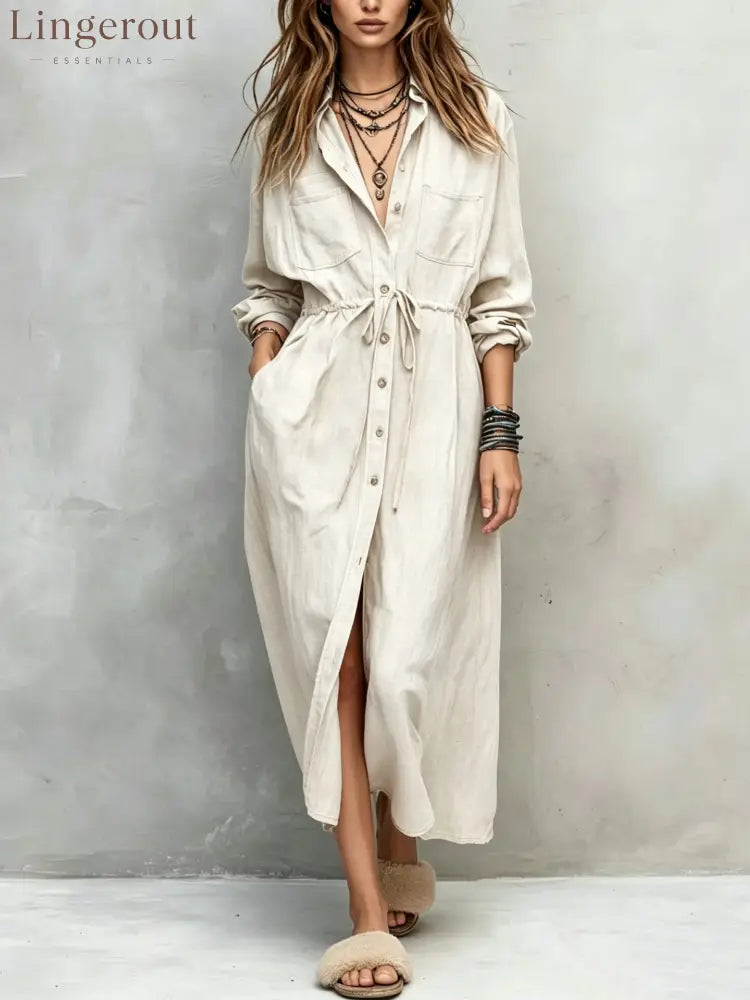 Vintage-style Long Sleeves Denim Shirt Midi Dress - Off white / XS