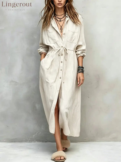 Vintage-style Long Sleeves Denim Shirt Midi Dress - Off white / XS