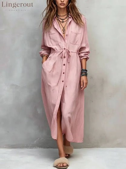 Vintage-style Long Sleeves Denim Shirt Midi Dress - Pink / XS