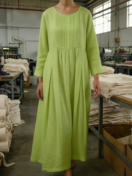 Vintage Style Pleated Cotton Linen Midi Dress - Green / S
