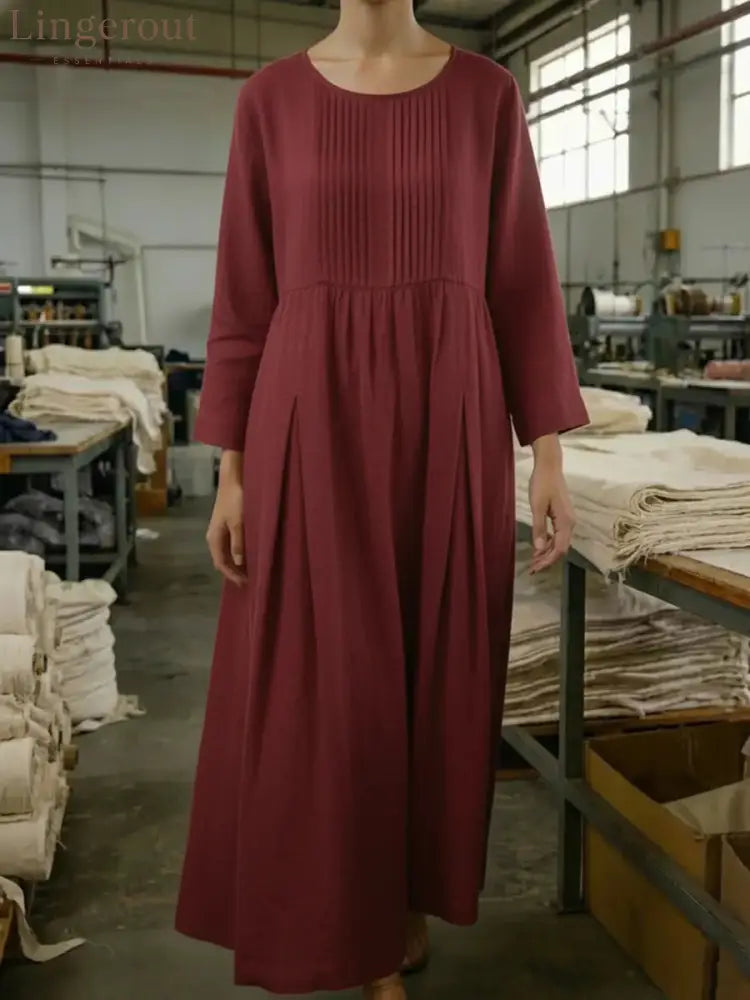 Vintage Style Pleated Cotton Linen Midi Dress - Red / S