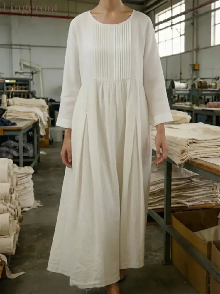 Vintage Style Pleated Cotton Linen Midi Dress - White / S