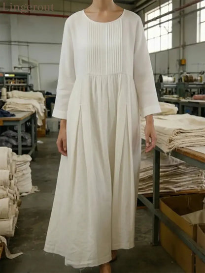 Vintage Style Pleated Cotton Linen Midi Dress - White / S